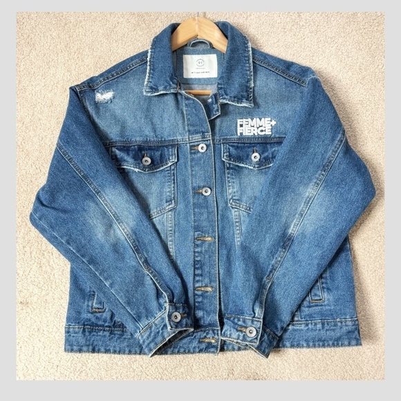 NEW Cotton On Denim Jacket Femme Fierce Graphic Worn In Statement Denim Jacket - Picture 4 of 15